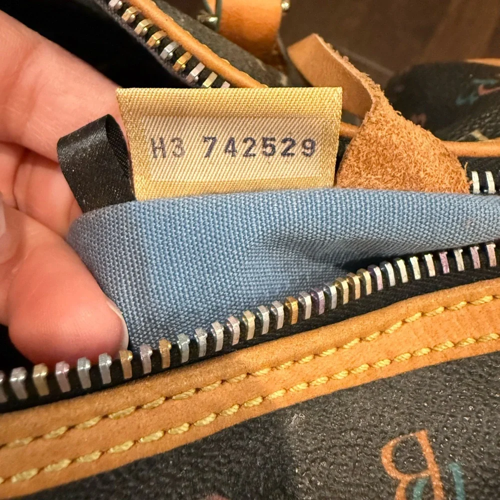 Dooney & Bourke Black Multicolor Logo Barrel Satchel with Tan Trim